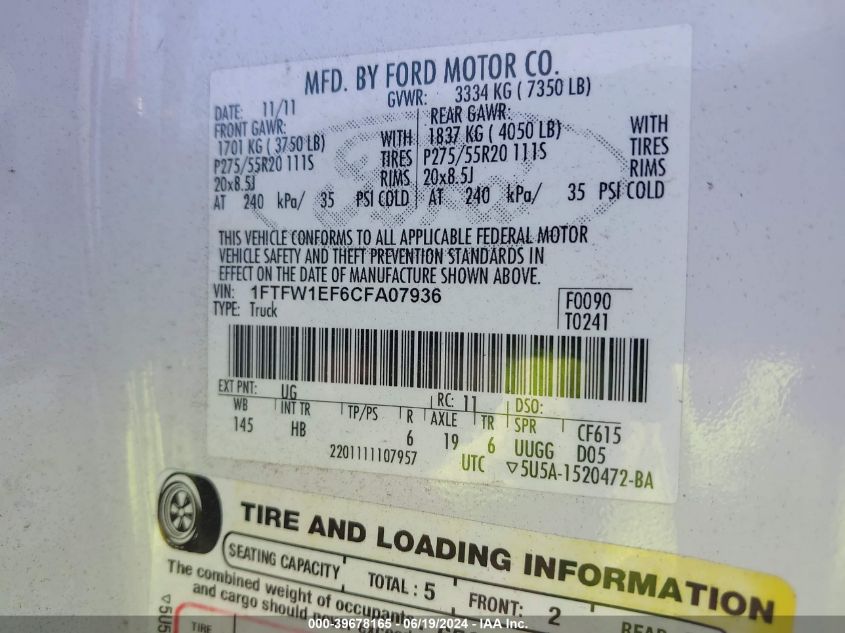 2012 Ford F-150 Lariat VIN: 1FTFW1EF6CFA07936 Lot: 39678165