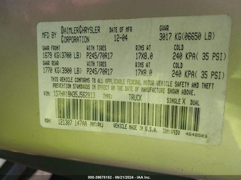 2005 Dodge Ram 1500 Slt/Laramie VIN: 1D7HA18N35J562813 Lot: 39678182
