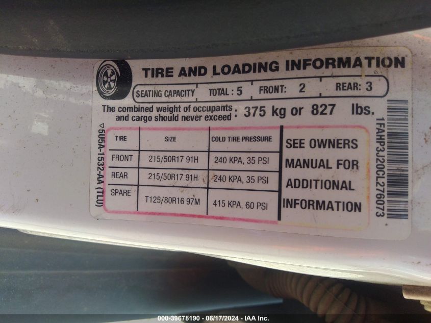 2012 Ford Focus Titanium VIN: 1FAHP3J20CL276073 Lot: 39678190