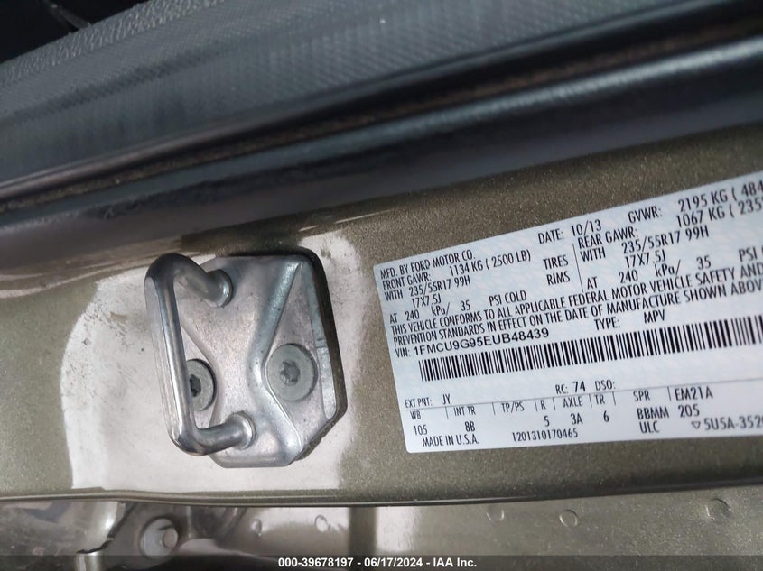 2014 Ford Escape Se VIN: 1FMCU9G95EUB48439 Lot: 39678197