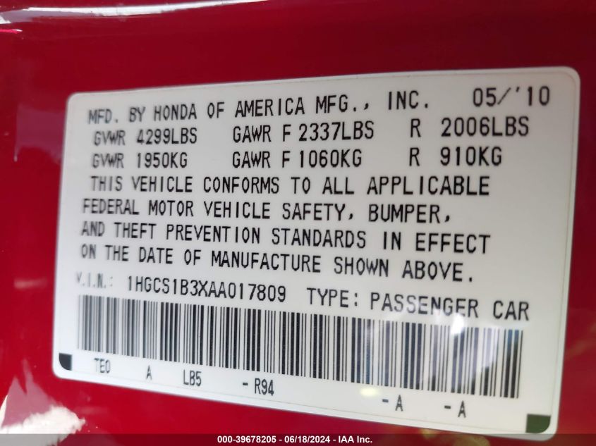2010 Honda Accord 2.4 Lx-S VIN: 1HGCS1B3XAA017809 Lot: 39678205