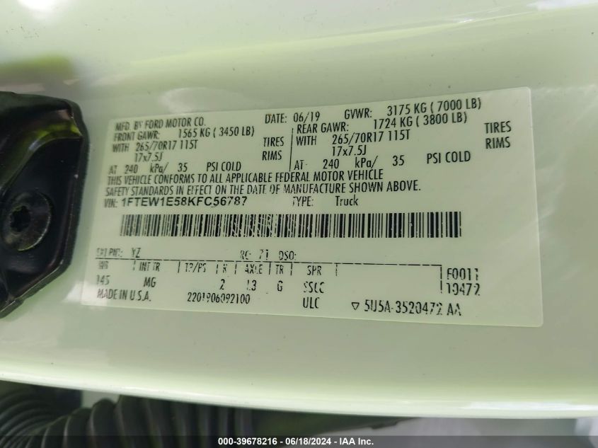 2019 Ford F-150 Xlt VIN: 1FTEW1E58KFC56787 Lot: 39678216