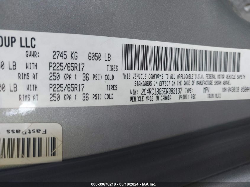 2014 Chrysler Town & Country Touring VIN: 2C4RC1BG5ER383137 Lot: 39678218