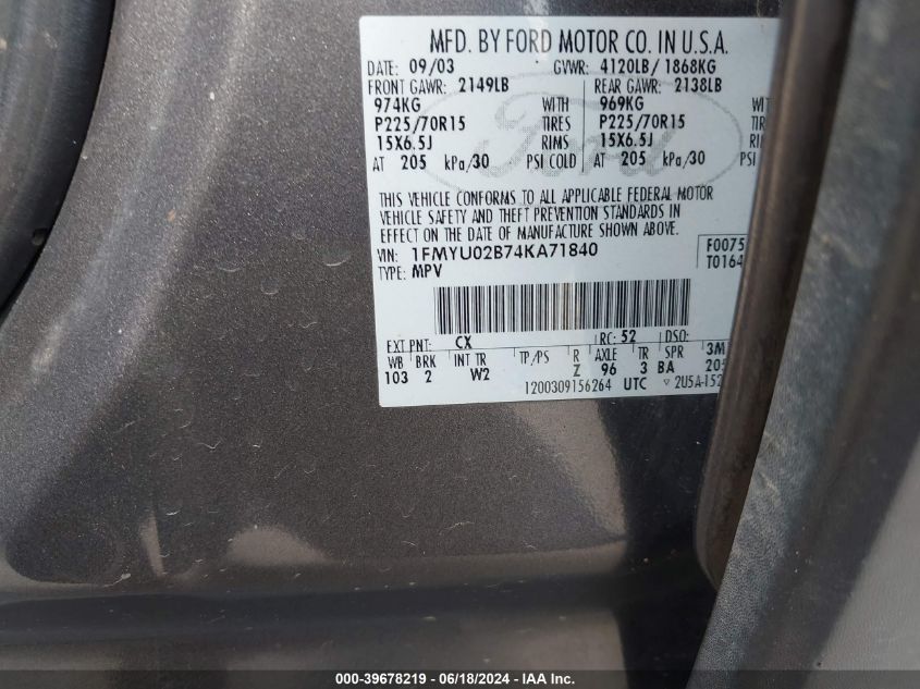 2004 Ford Escape Xls VIN: 1FMYU02B74KA71840 Lot: 39678219