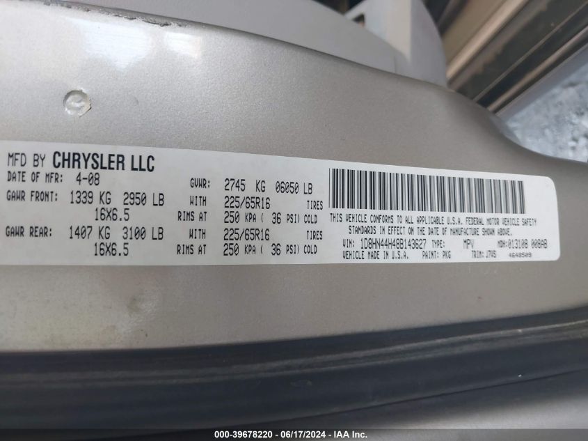 2008 Dodge Grand Caravan Se VIN: 1D8HN44H48B143627 Lot: 39678220