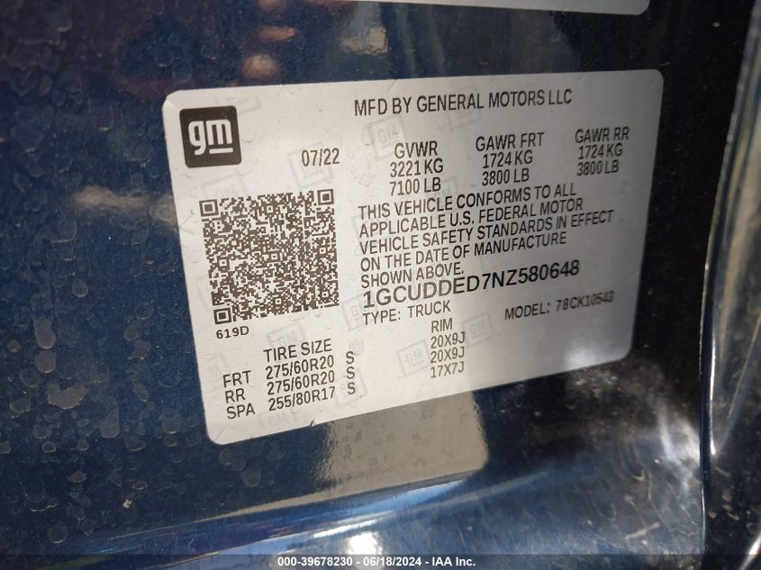 2022 Chevrolet Silverado 1500 4Wd Standard Bed Lt VIN: 1GCUDDED7NZ580648 Lot: 39678230