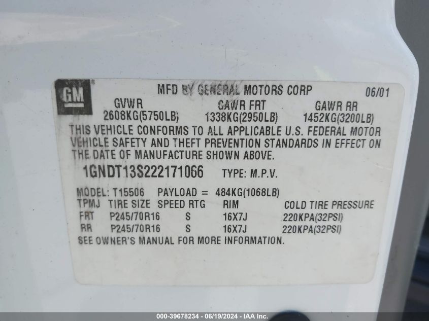 2002 Chevrolet Trailblazer Lt VIN: 1GNDT13S222171066 Lot: 39678234