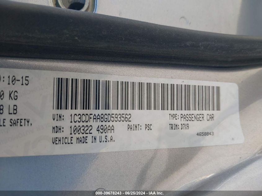 2016 Dodge Dart Se VIN: 1C3CDFAA8GD593562 Lot: 39678243