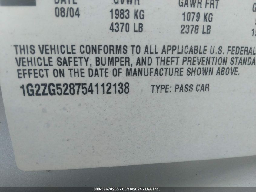 2005 Pontiac G6 VIN: 1G2ZG528754112138 Lot: 39678255