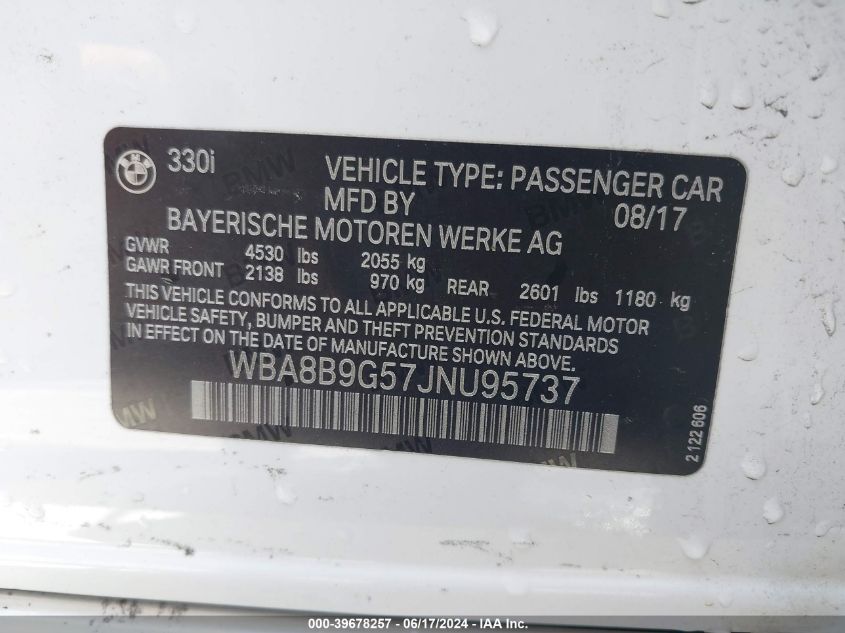 2018 BMW 330I VIN: WBA8B9G57JNU95737 Lot: 39678257