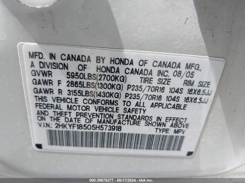 2005 Honda Pilot Ex-L VIN: 2HKYF18505H573918 Lot: 39678277
