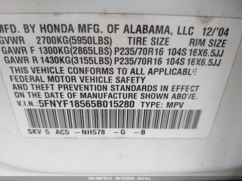 2005 Honda Pilot Ex-L VIN: 5FNYF18565B015280 Lot: 39678313