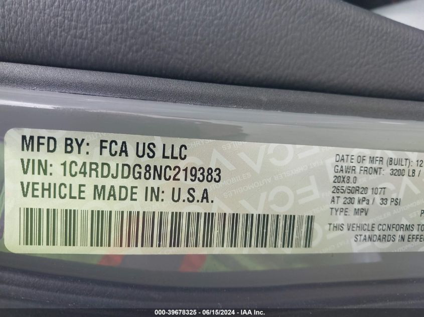 2022 Dodge Durango Gt Plus Awd VIN: 1C4RDJDG8NC219383 Lot: 39678325