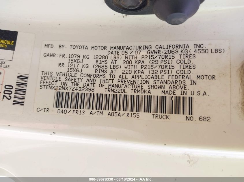 2007 Toyota Tacoma VIN: 5TENX22NX7Z432398 Lot: 39678330