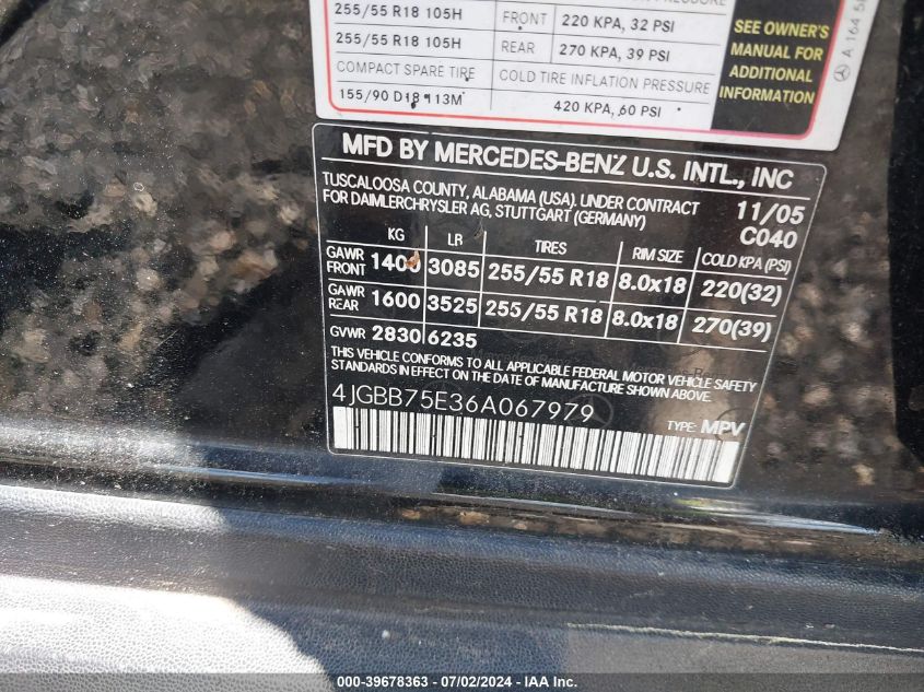 2006 Mercedes-Benz Ml 500 4Matic VIN: 4JGBB75E36A067979 Lot: 39678363