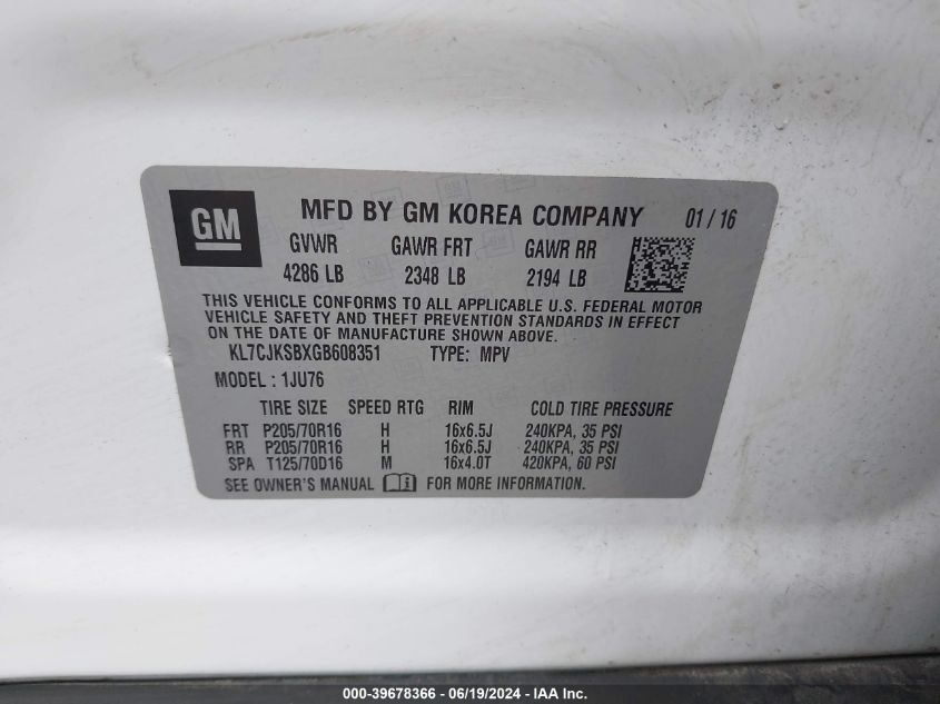 2016 Chevrolet Trax 1Ls VIN: KL7CJKSBXGB608351 Lot: 39678366