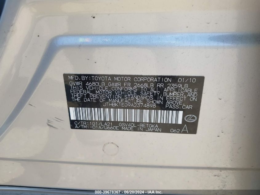 2010 Lexus Es 350 VIN: JTHBK1EG9A2374898 Lot: 39678367