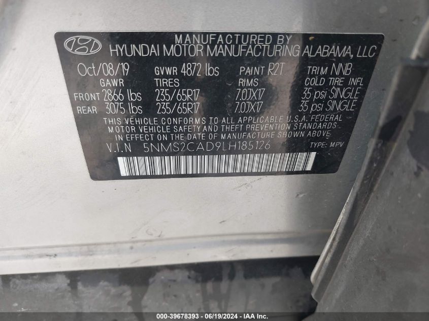 2020 Hyundai Santa Fe Se VIN: 5NMS2CAD9LH185126 Lot: 39678393
