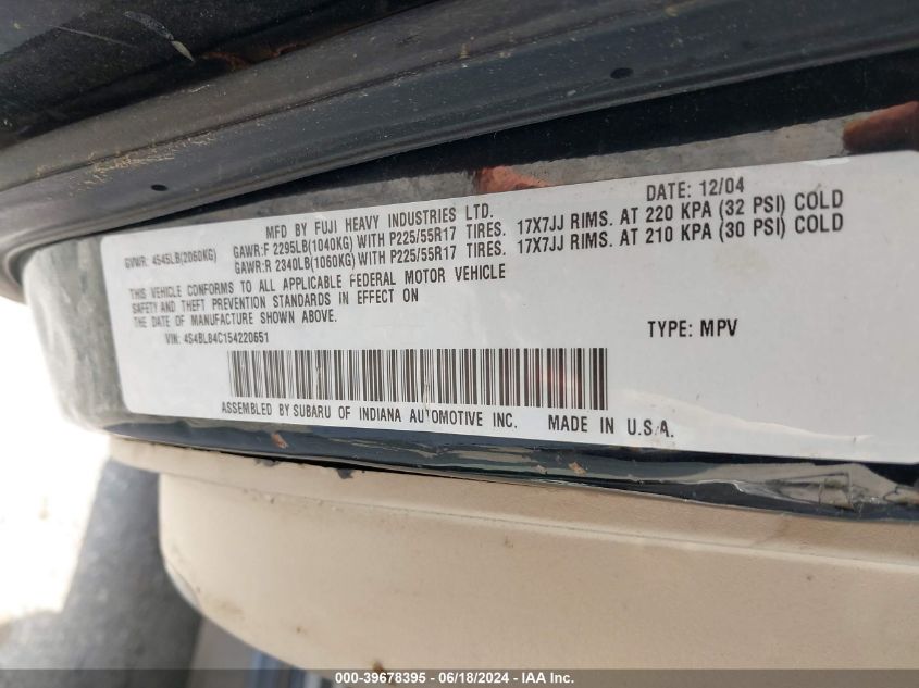 2005 Subaru Outback 3.0R VIN: 4S4BL84C154220651 Lot: 39678395