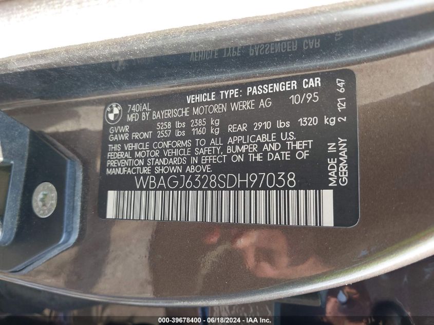 1995 BMW 740 Il VIN: WBAGJ6328SDH97038 Lot: 39678400