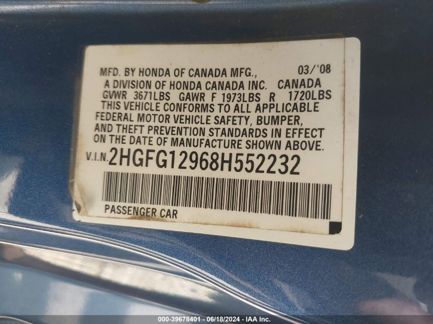 2008 Honda Civic Ex-L VIN: 2HGFG12968H552232 Lot: 39678401