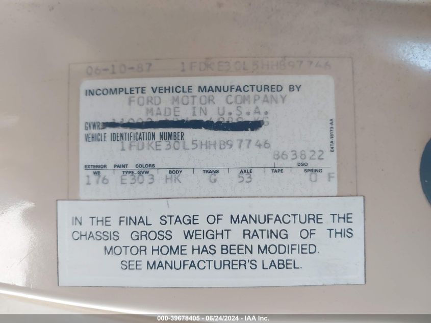 1987 Ford Econoline E350 Cutaway Van VIN: 1FDKE30L5HHB97746 Lot: 39678405
