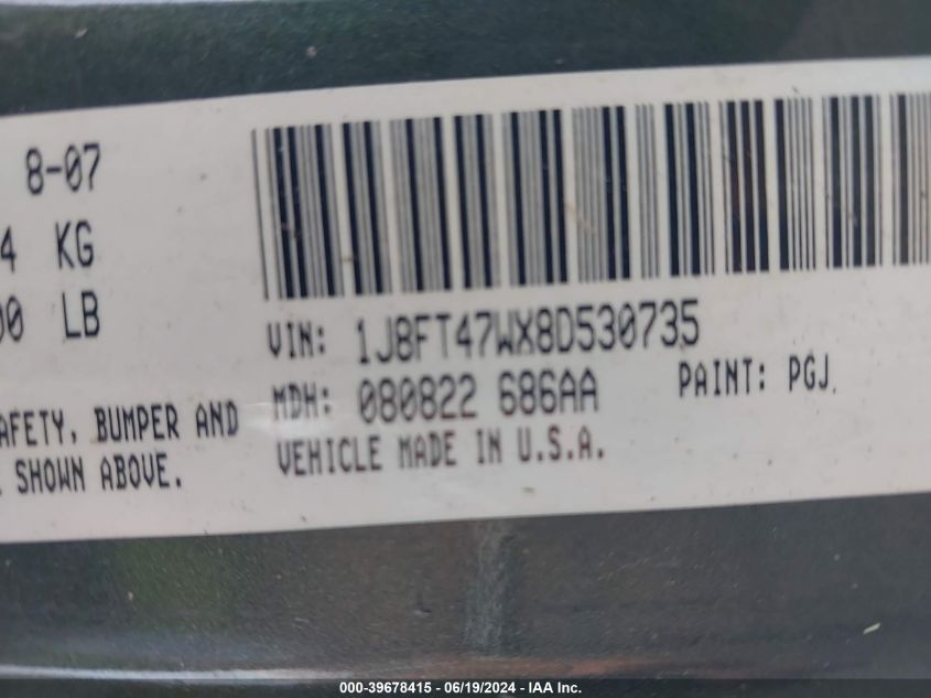 2008 Jeep Compass Sport VIN: 1J8FT47WX8D530735 Lot: 39678415
