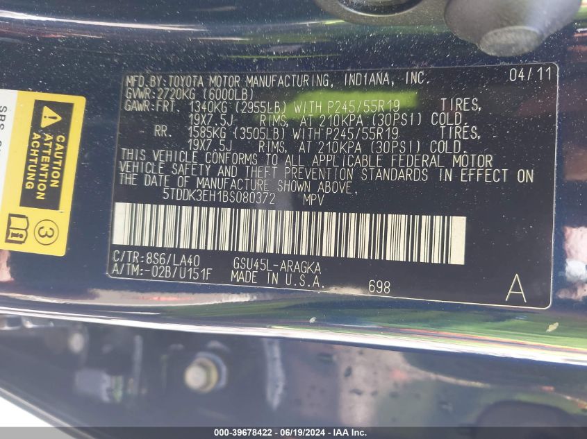 2011 Toyota Highlander Limited V6 VIN: 5TDDK3EH1BS080372 Lot: 39678422