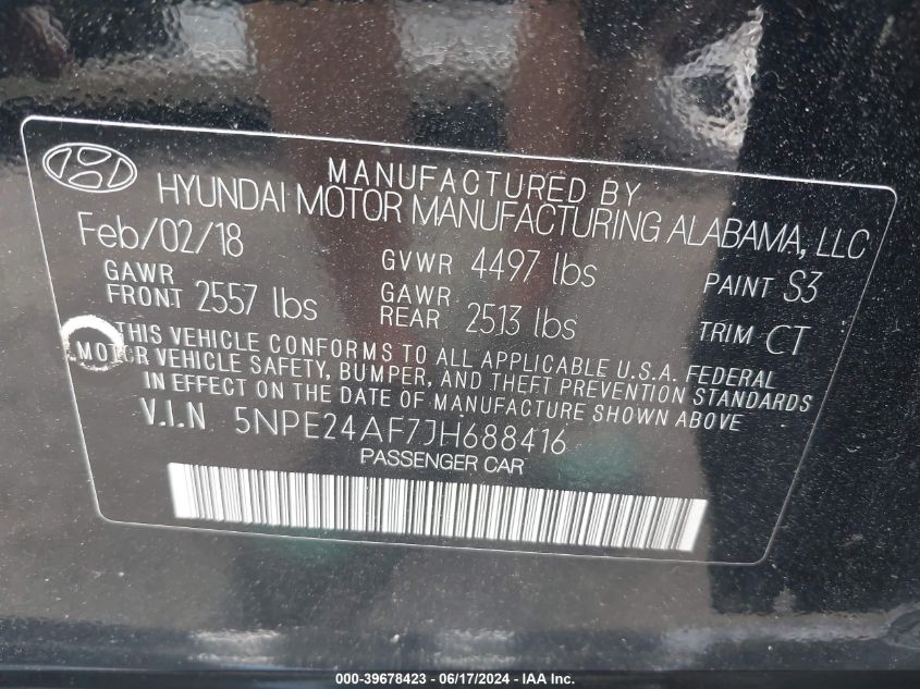 2018 Hyundai Sonata Se VIN: 5NPE24AF7JH688416 Lot: 39678423