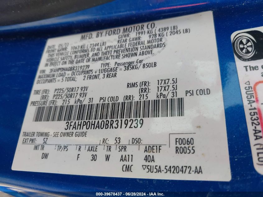 2011 Ford Fusion Se VIN: 3FAHP0HA0BR319239 Lot: 39678437