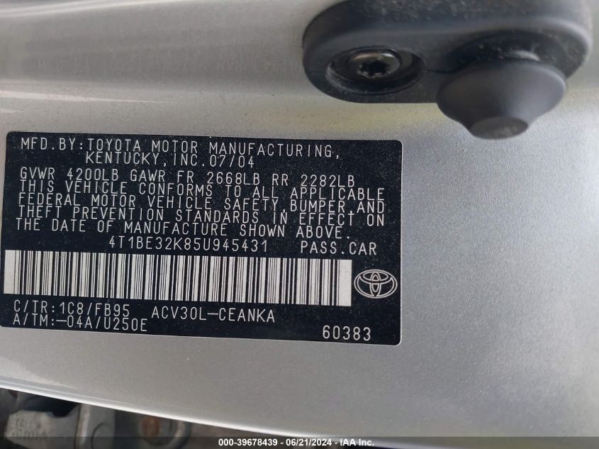 2005 Toyota Camry Le VIN: 4T1BE32K85U945431 Lot: 39678439