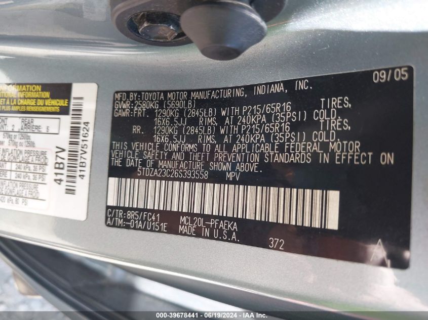 2006 Toyota Sienna Le VIN: 5TDZA23C26S393558 Lot: 39678441