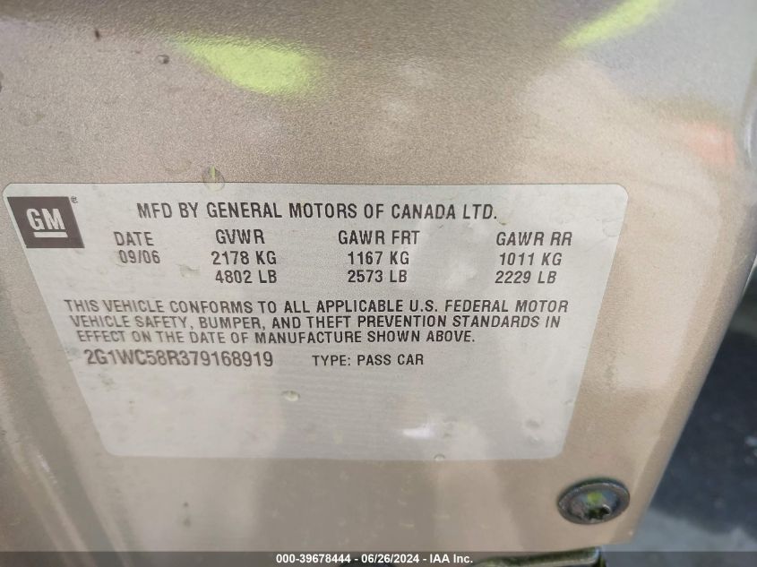 2007 Chevrolet Impala Lt VIN: 2G1WC58R379168919 Lot: 39678444
