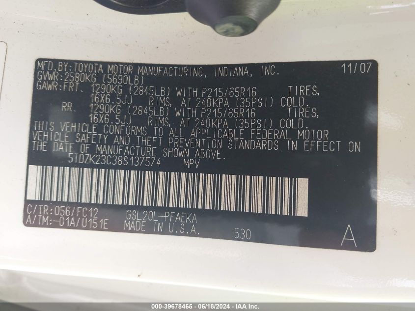 2008 Toyota Sienna Le VIN: 5TDZK23C38S137574 Lot: 39678465