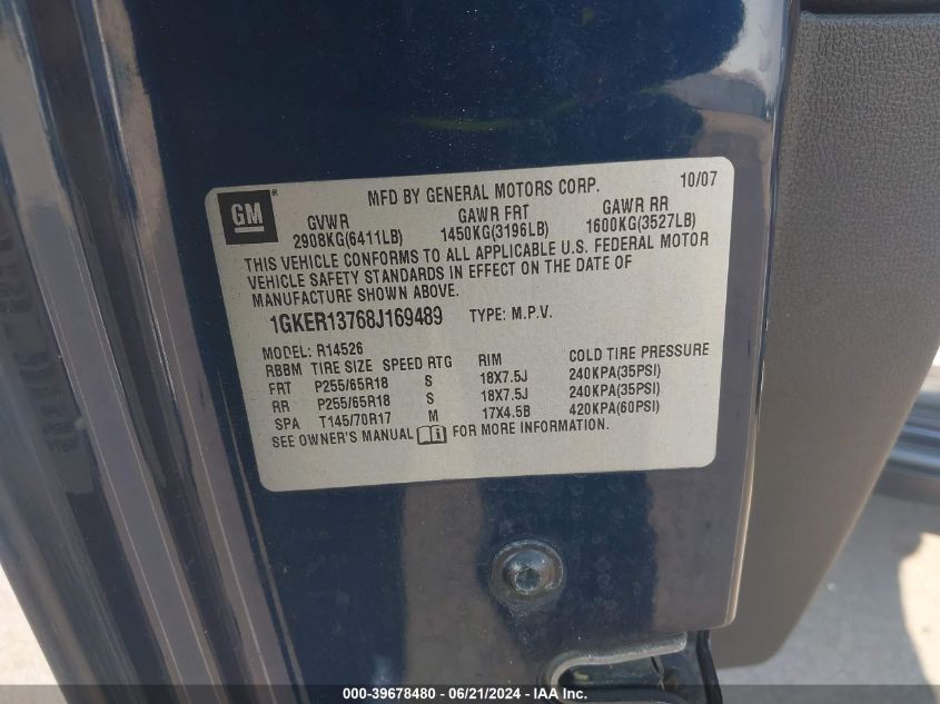 2008 GMC Acadia Sle VIN: 1GKER13768J169489 Lot: 39678480