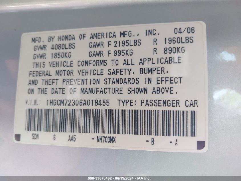 2006 Honda Accord 2.4 Lx VIN: 1HGCM72306A018455 Lot: 39678492