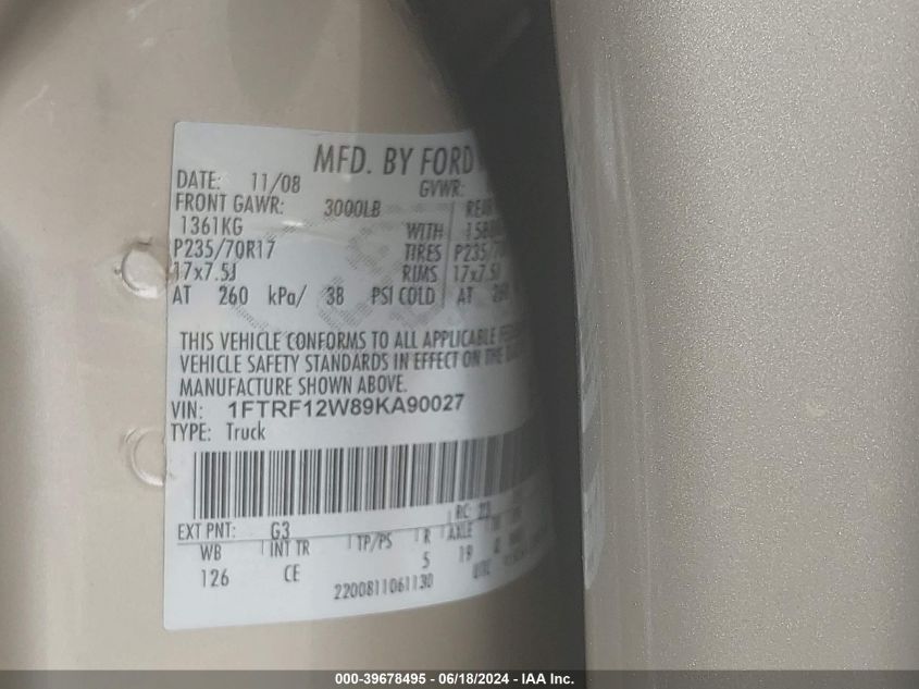 2009 Ford F-150 Stx/Xl/Xlt VIN: 1FTRF12W89KA90027 Lot: 39678495