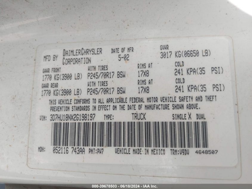 2002 Dodge Ram 1500 St VIN: 3D7HU18NX2G198197 Lot: 39678503