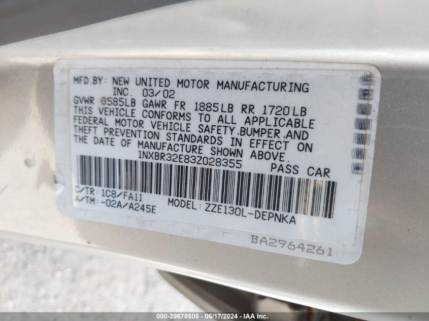 2003 Toyota Corolla Le VIN: 1NXBR32E83Z028355 Lot: 39678505