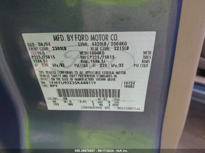 2005 Ford Escape Xls VIN: 1FMYU92Z35KA88119 Lot: 39678507