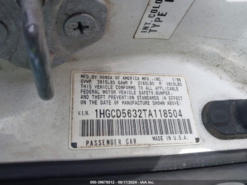 1996 Honda Accord Lx/Ex VIN: 1HGCD5632TA118504 Lot: 39678512