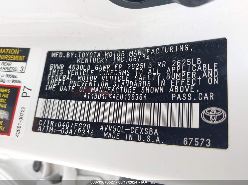 2014 Toyota Camry Hybrid Se Limited Edition VIN: 4T1BD1FK4EU136364 Lot: 39678527