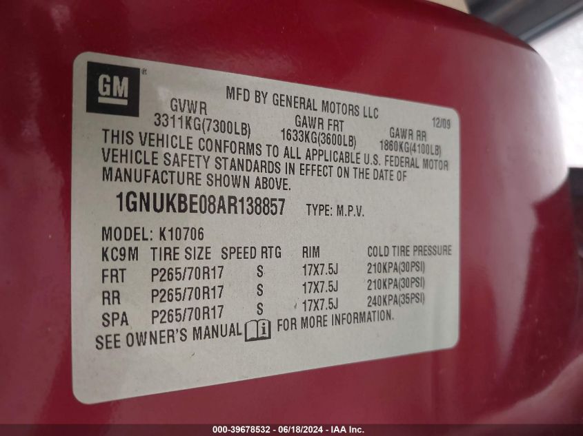 2010 Chevrolet Tahoe Lt VIN: 1GNUKBE08AR138857 Lot: 39678532