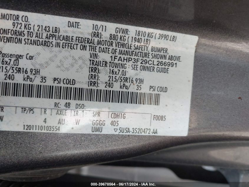 2012 Ford Focus Se VIN: 1FAHP3F29CL266991 Lot: 39678564