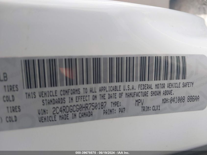 2017 Dodge Grand Caravan Sxt VIN: 2C4RDGCG0HR750187 Lot: 39678575