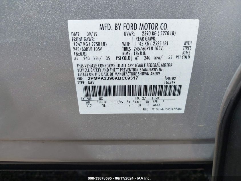 2019 Ford Edge Sel VIN: 2FMPK3J96KBC69317 Lot: 39678595