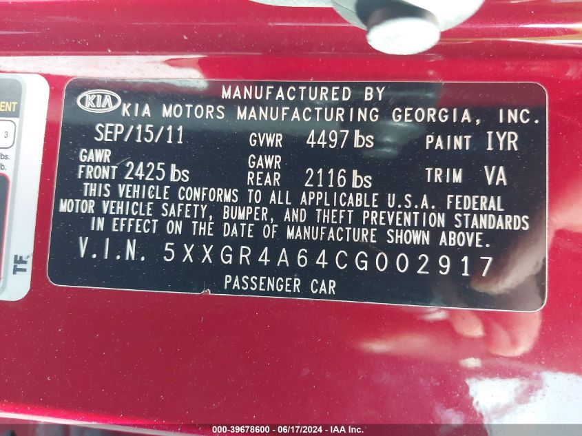 2012 Kia Optima Sx VIN: 5XXGR4A64CG002917 Lot: 39678600