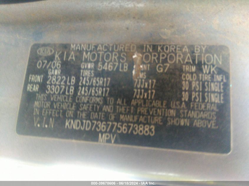 2007 Kia Sorento Lx VIN: KNDJD736775673883 Lot: 39678606