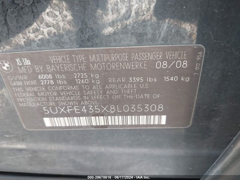 2008 BMW X5 3.0Si VIN: 5UXFE435X8L035308 Lot: 39678616