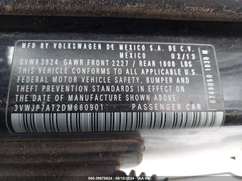 2013 Volkswagen Beetle 2.5L Fender Edition VIN: 3VWJP7AT2DM660901 Lot: 39678624